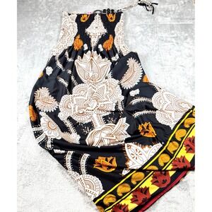Bohemian Black & Gold Paisley Print Smocked‎ Strapless Long Dress Women's Sz XL